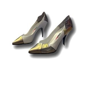 White and Metallic Gold Pointed Toe Pumps - Women's Heels